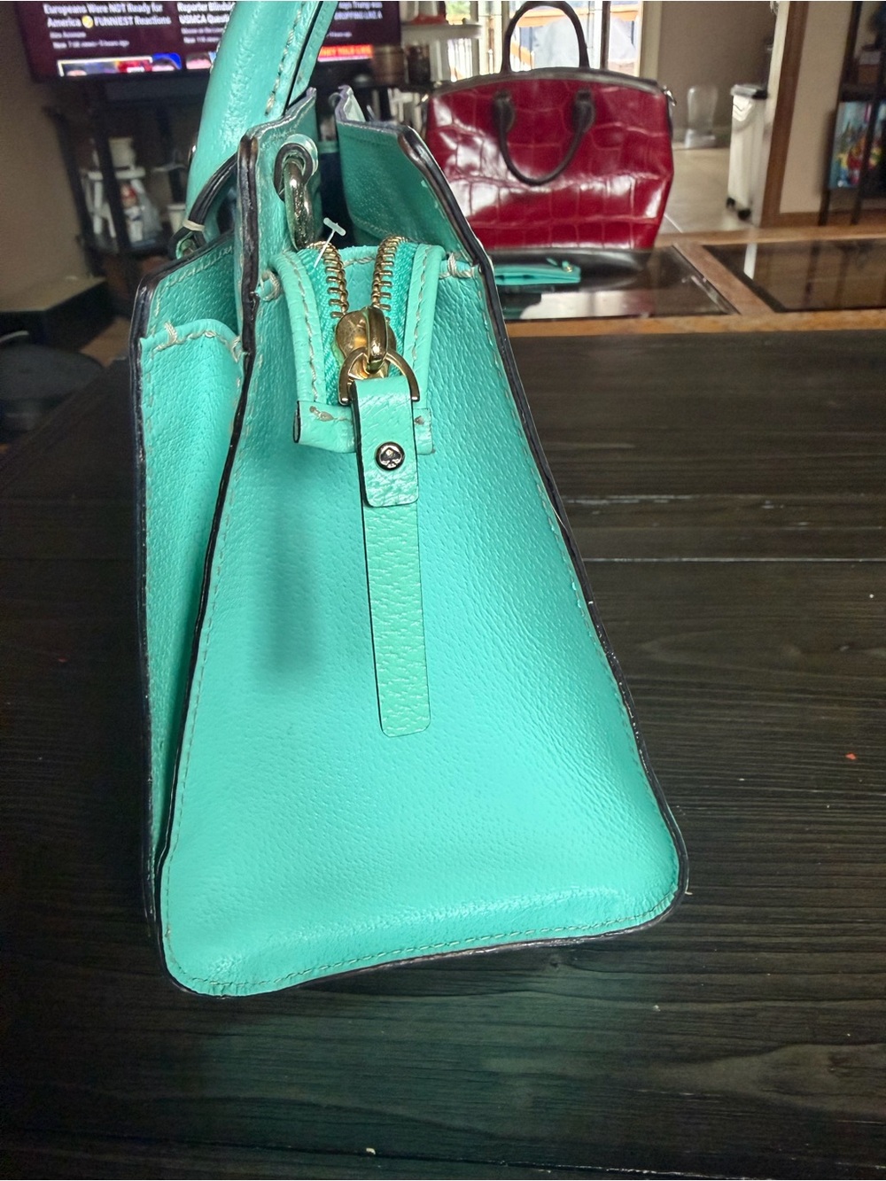 kate spade turquoise pebbled tote with gold-tone logo plate - Picture 5 of 9